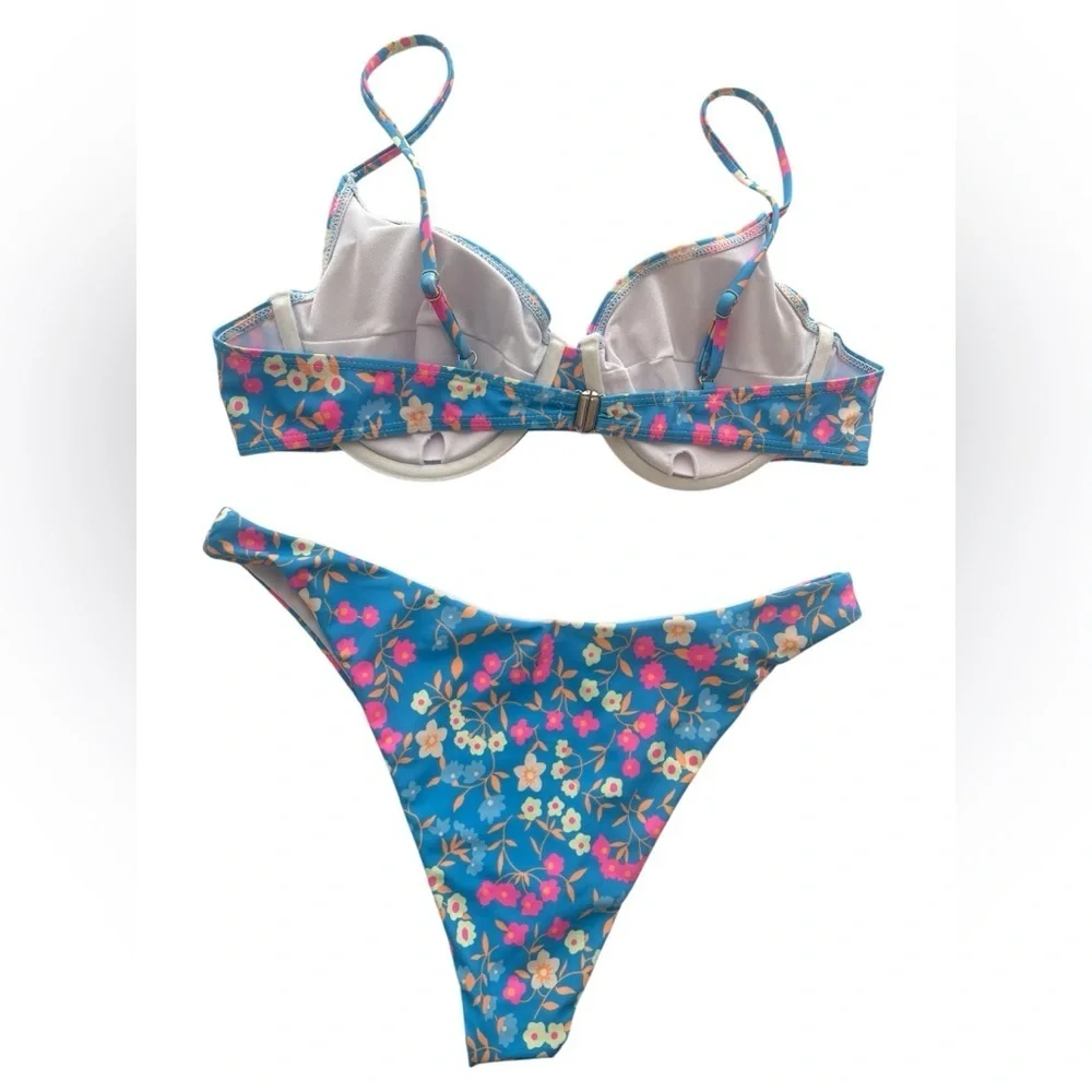 SHEIN Blue and Pink Bikini Set with Floral Design